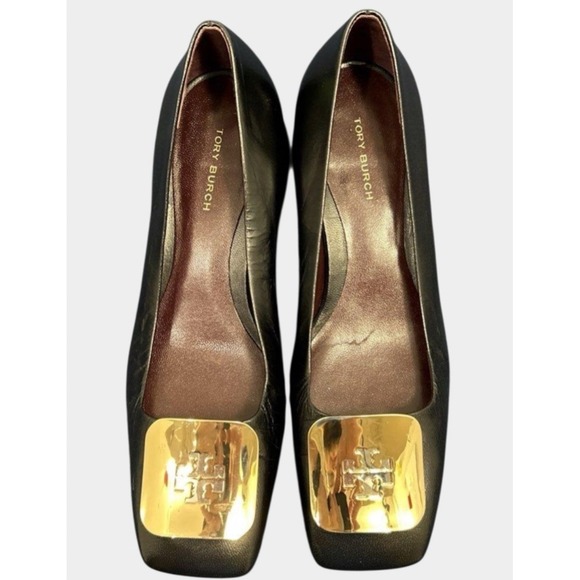 Tory Burch Eleanor Pump Women 6.5M Black Excellent Gold Logo Block Heel Leather - Picture 14 of 14